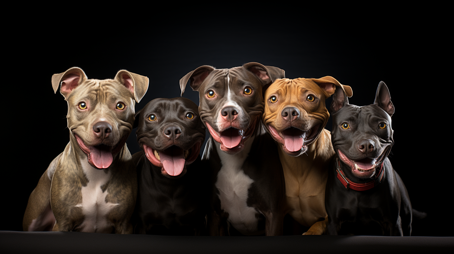  a group of smiling and cute pit bulls on a black background, each conveying a message of "Don't Judge" through their expressions - Pittie Choy