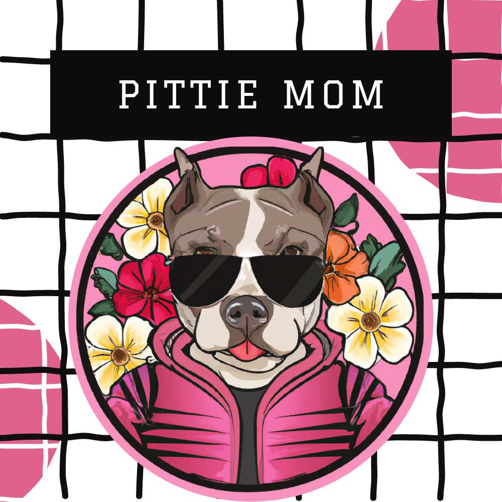 cartoon of Cool Pittie mom with sunglasses and flowers, pittie mom cover collection - Pittie Choy