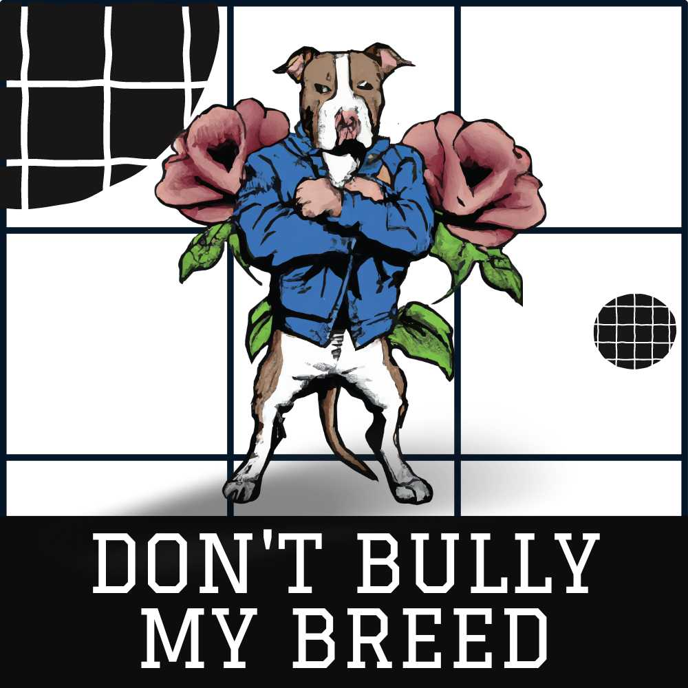 An illustarion of a pitbull dad wearing a jacket with a roses. Don't bully my breed cover collection - Pittie Choy