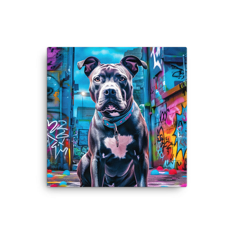 Black Pit Bull in Urban Graffiti Scene Canvas Print