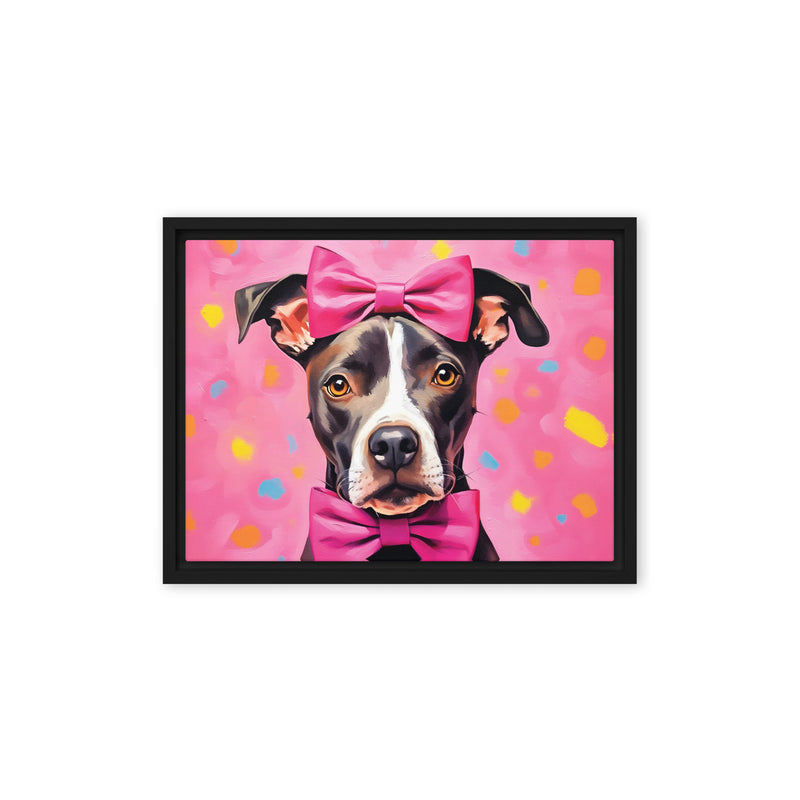 "Pink Bow Pooch" - Framed Pitbull Canvas Art