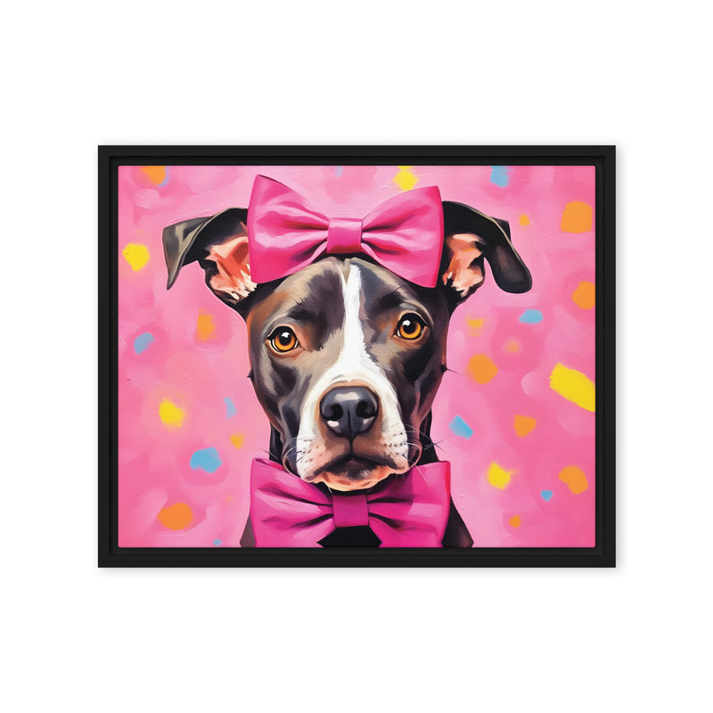 "Pink Bow Pooch" - Framed Pitbull Canvas Art